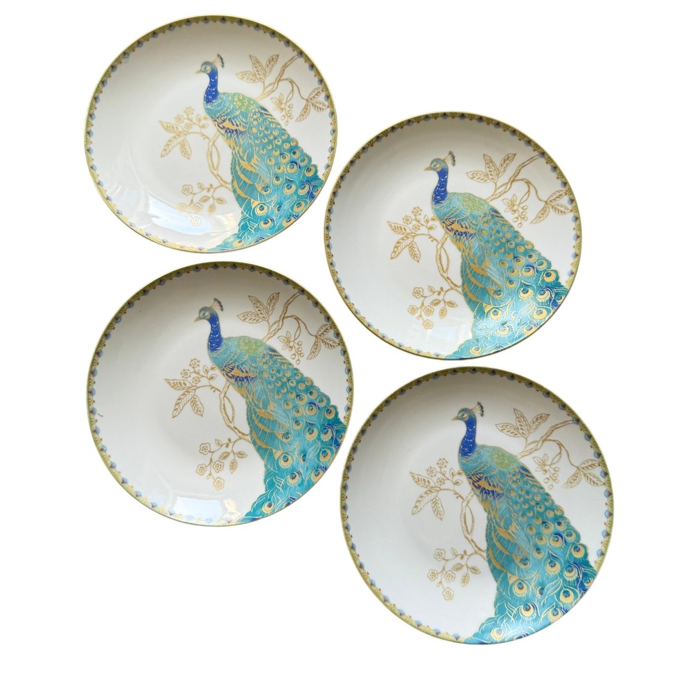 4x 222 Fifth Peacock Garden Plates Turquoise Gold Blue 6.25 inch Ceramic